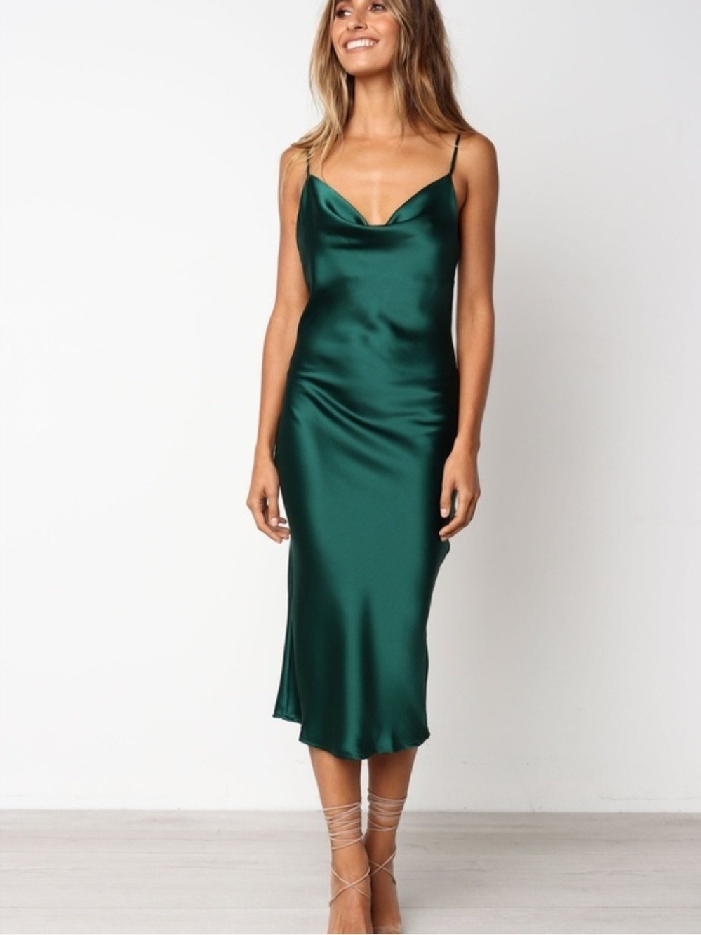Petal & Pup Emerald Satin Cowl Midi Dress